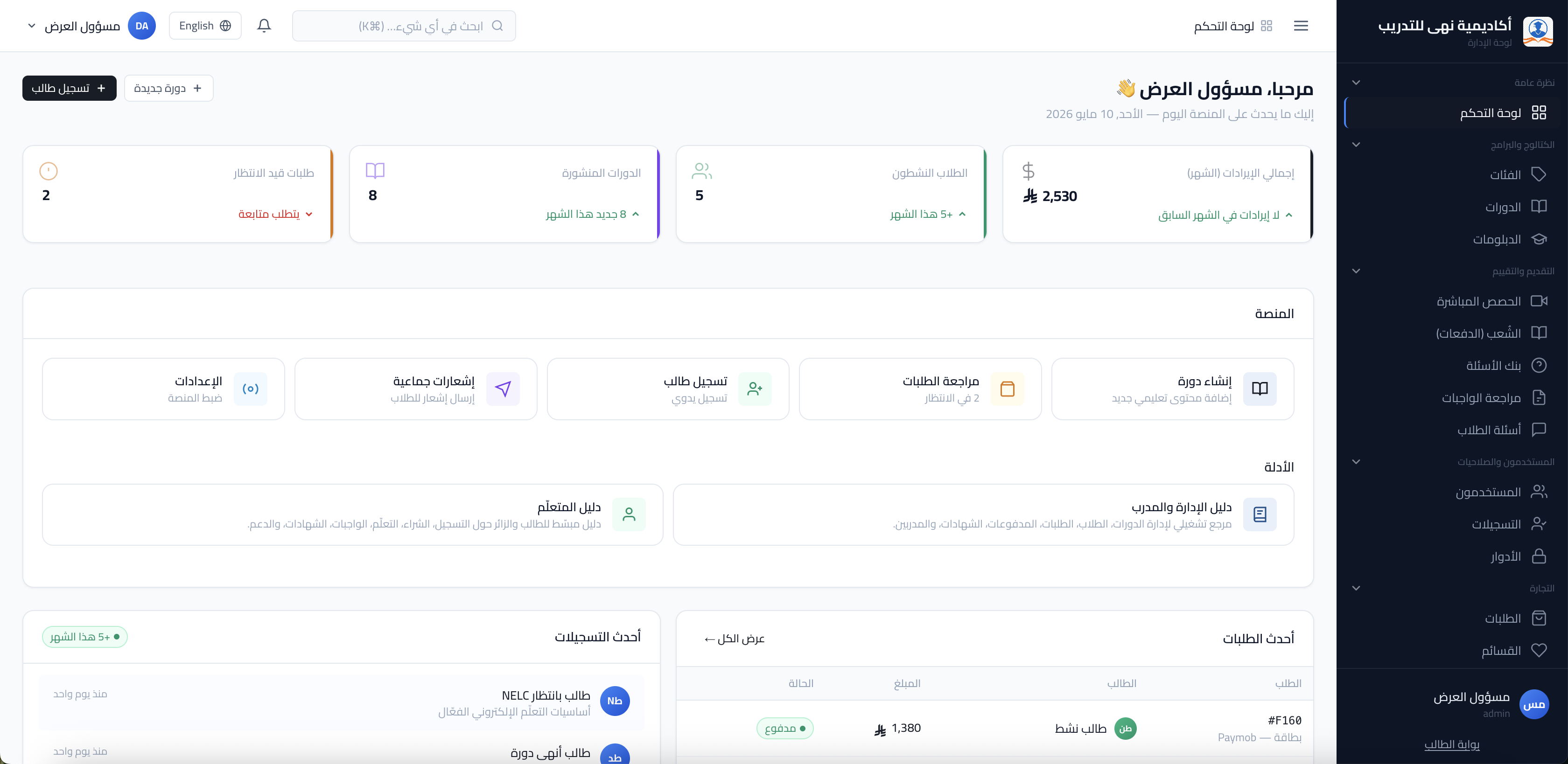 لقطة شاشة: لوحة الإدارة — بطاقات الإحصائيات الرئيسية.