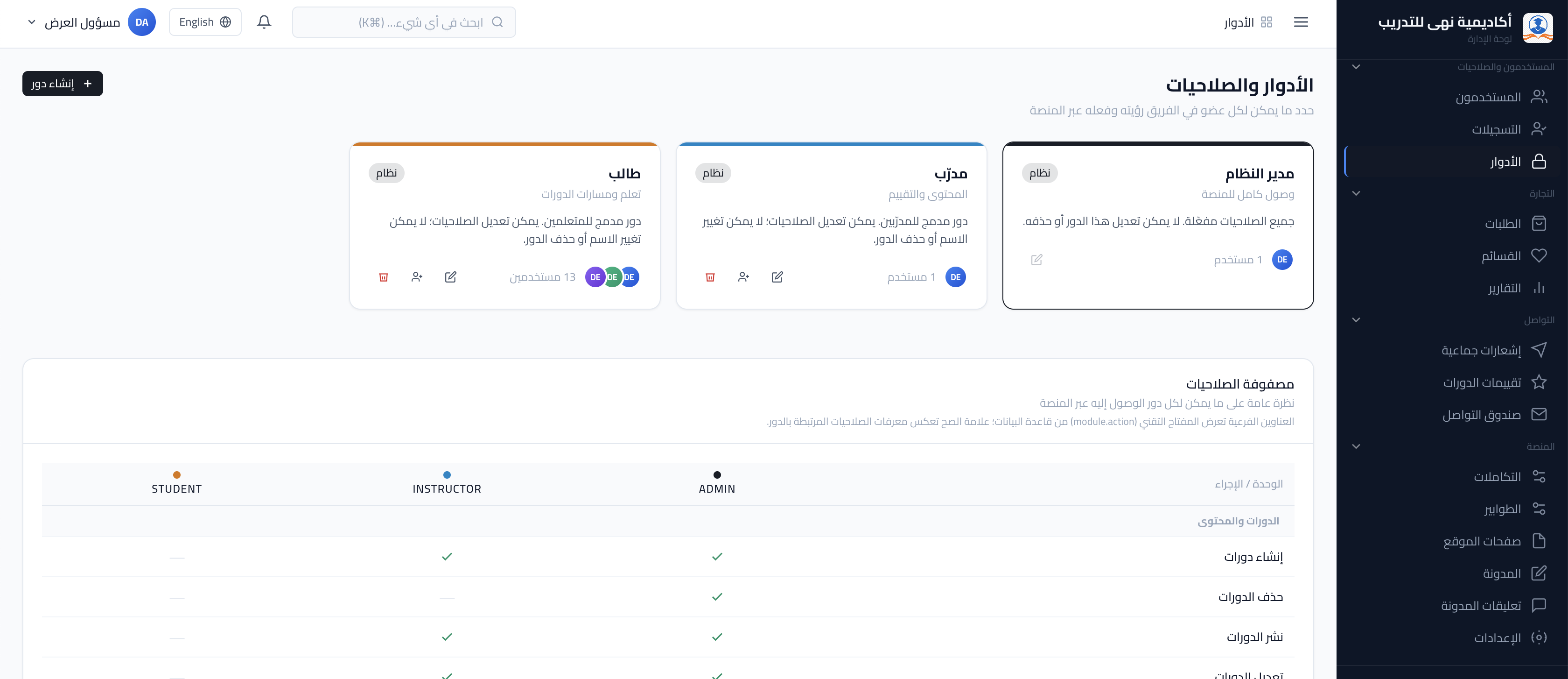 لقطة شاشة: الأدوار والصلاحيات.